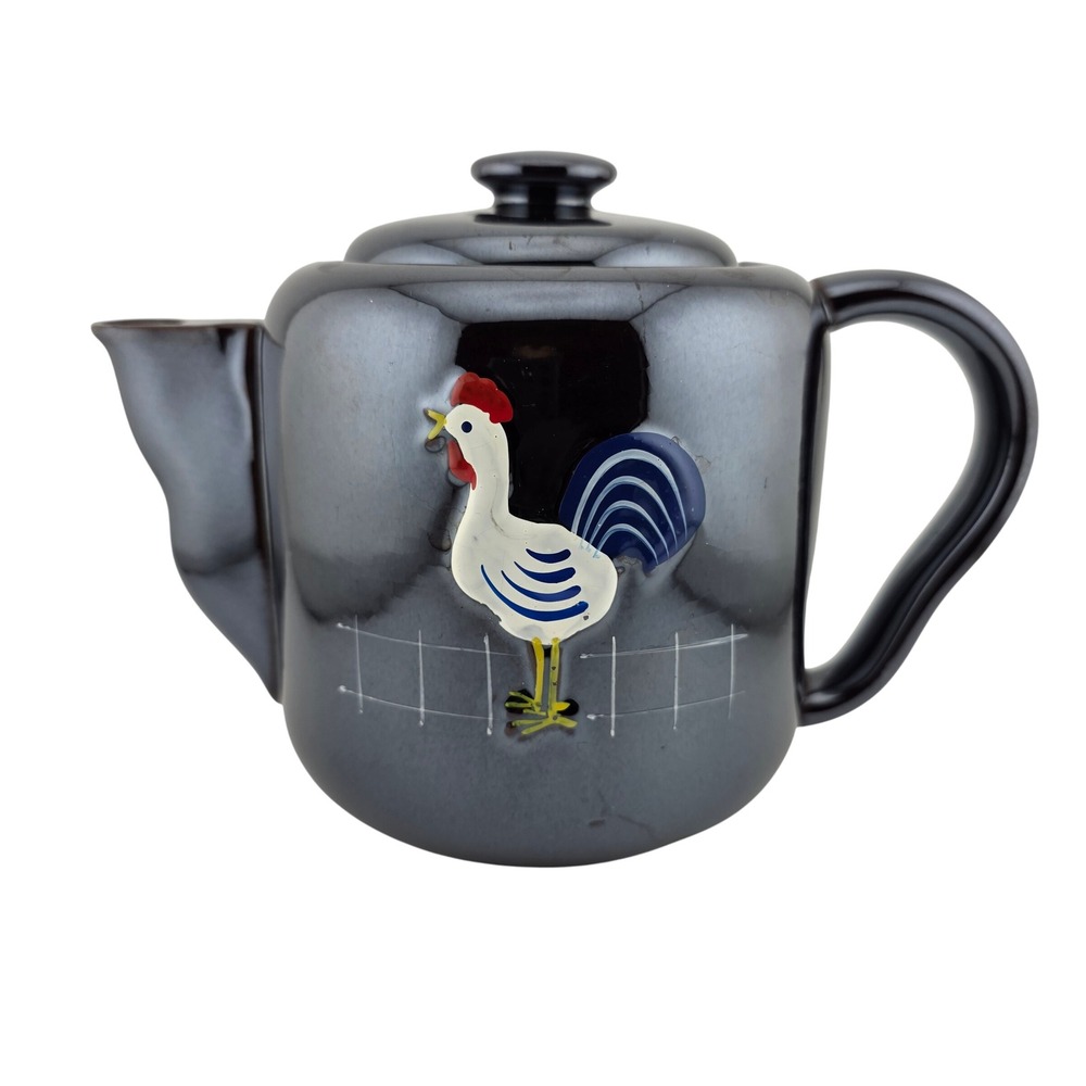 Vintage Ceramic Rooster Teapot Black Glossy Country Farmhouse Kitchen Decor